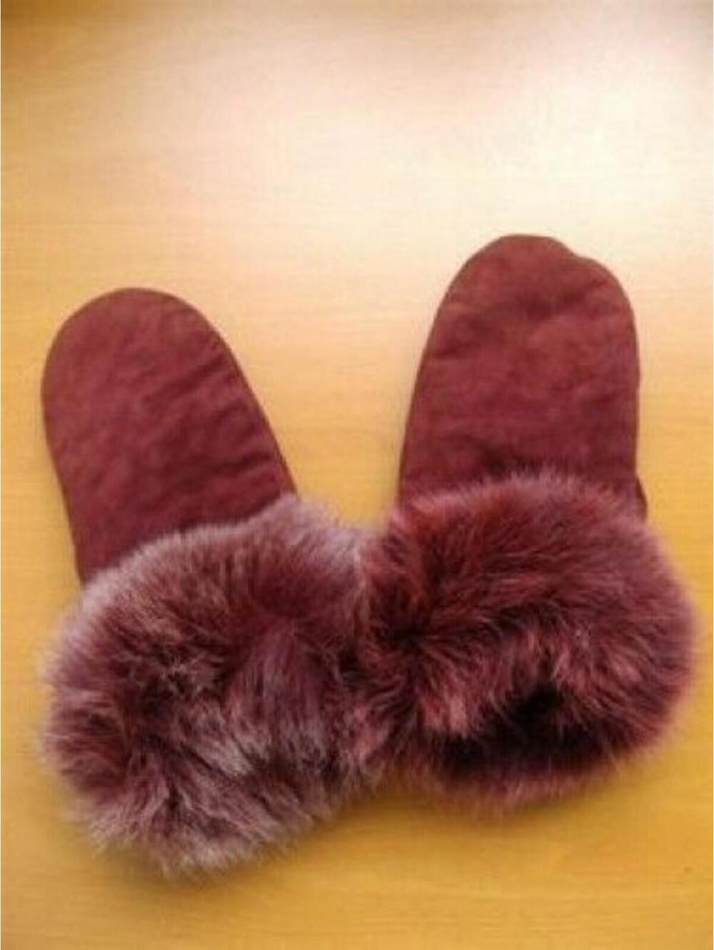 NEW DARK RED SUEDE MITTS MITTENS W/  FOX FUR WRIST CUFFS WOMEN WOMAN SZ MEDIUM
